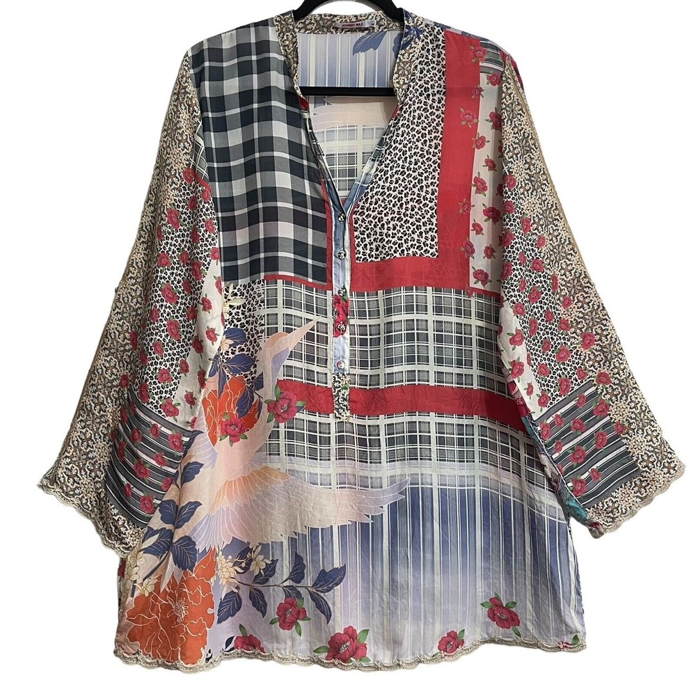 Johnny Was Women’s Large Ample Mixed Media Sheer Silk Tunic Mandarin Collar Flaw